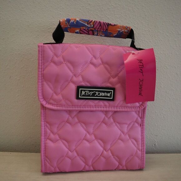 Betsey Johnson TBJ-1299 Pink Embroidered Hearts N/S Flap Lunch Tote Bag - Picture 1 of 8